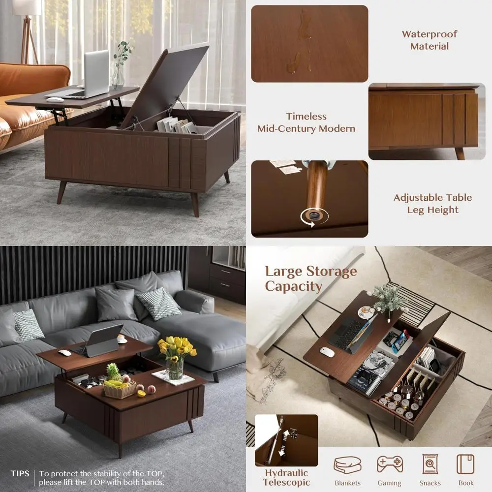 

Современный журнальный столик с подъемным верхом середины века и местом для хранения вещей для гостиной и домашнего офиса