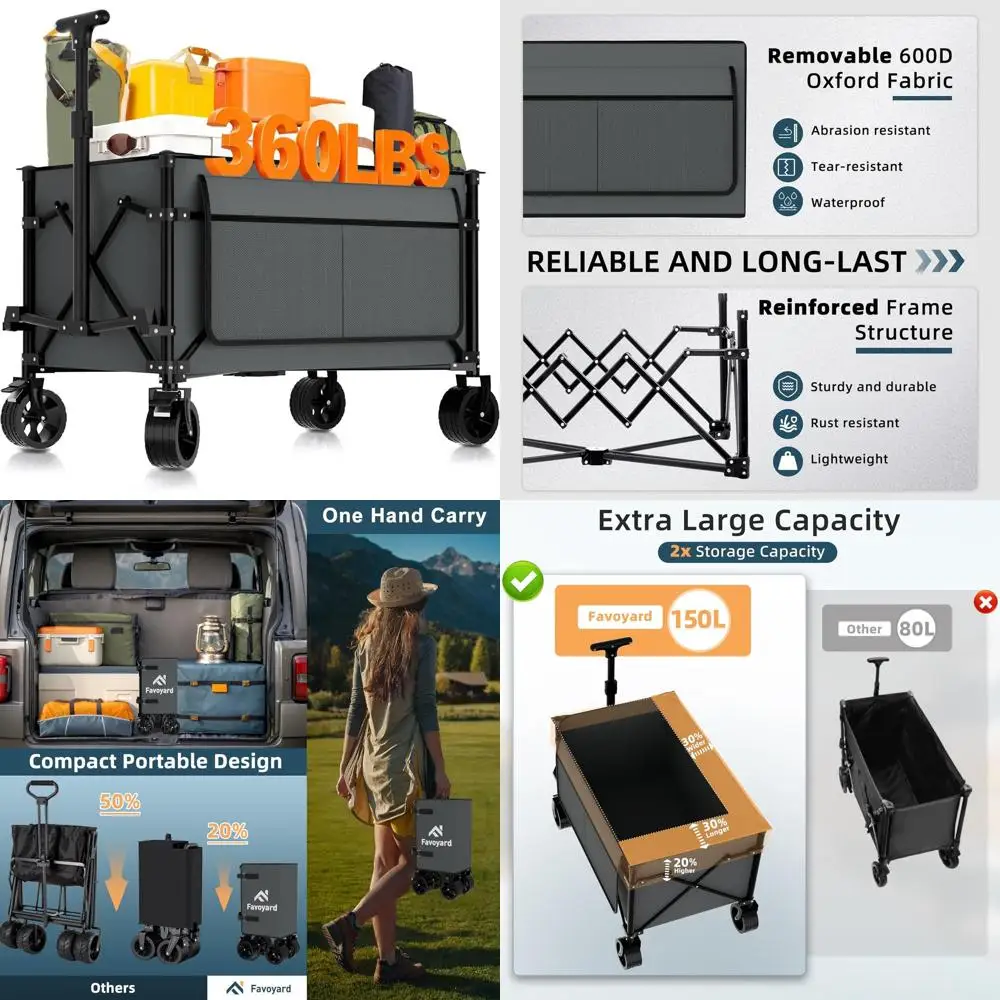 

Portable Folding Utility Cart with 150L Capacity and 360LBS Load for Outdoor Adventures in Grey