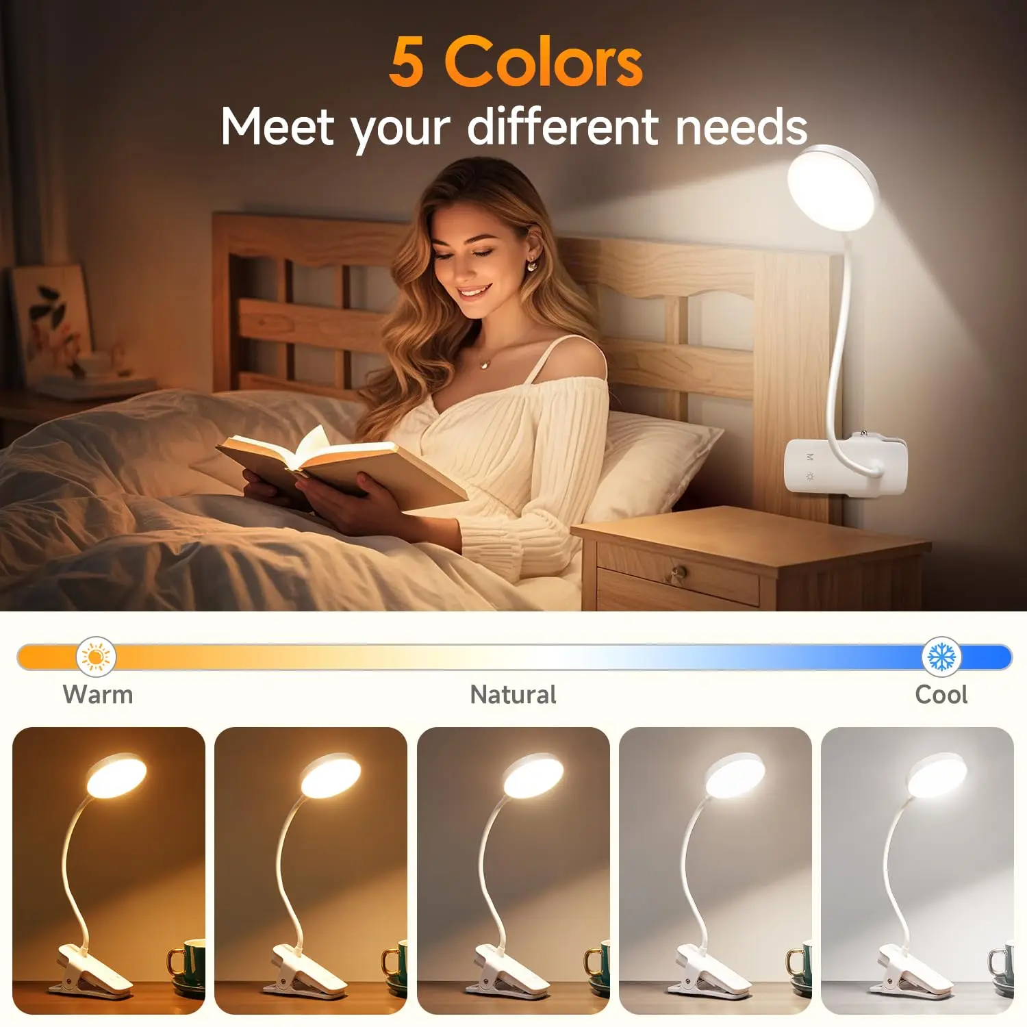 Lampu Meja Klip LED Isi Ulang Kontrol Sentuh USB 3 Mode Warna Lampu Baca Pelindung Mata Dapat Diredupkan untuk Buku Meja Tempat Tidur Malam