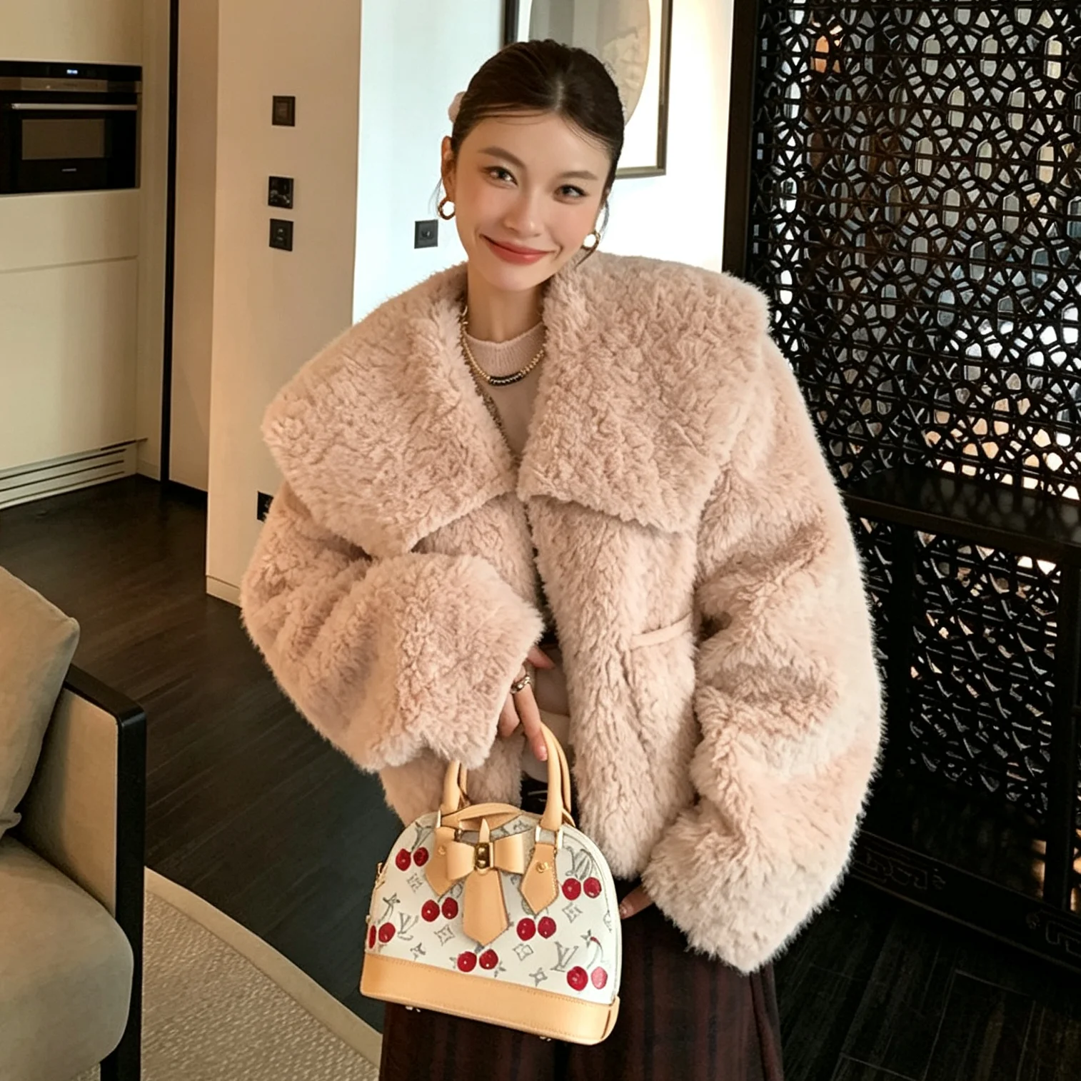 RU Women Faux Fur Coat Wide Lapel Collar Loose Drop Shoulder With Pockets Autumn Winter Fluffy Warm Outerwear Jacket