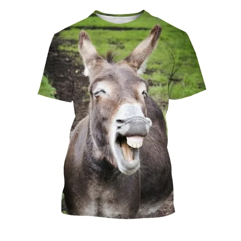 Men Short Sleeve T Shirt 3D Print Happy Donkey Open Mouth Smile Green Grass Polyester Summer Casual Crew Neck Graphic Tee