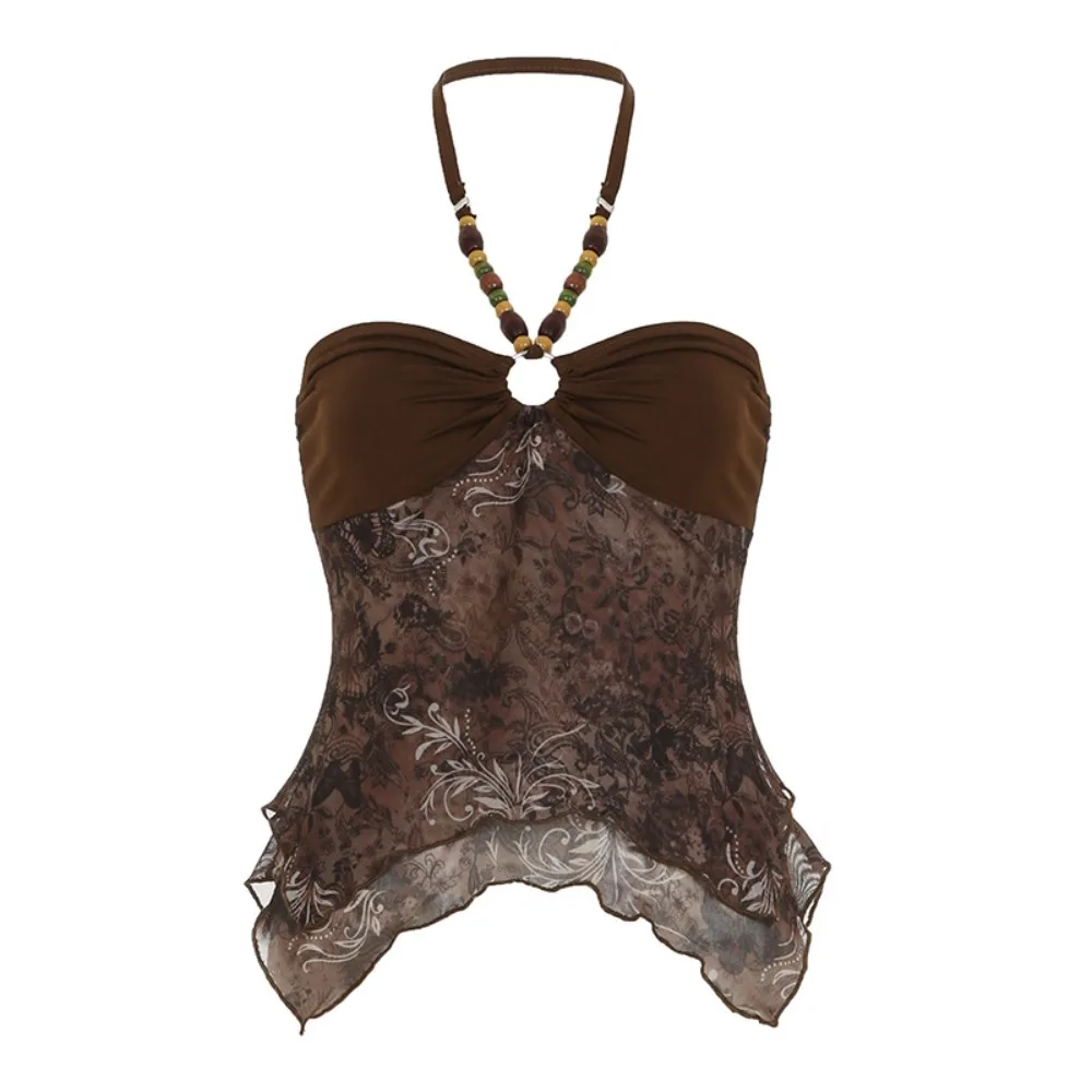 

Retro Backless Mesh Halter Camisole Irregular Sweet Beads Hanging Vest Women Streetwear Outfits Slim Crop Top Beach