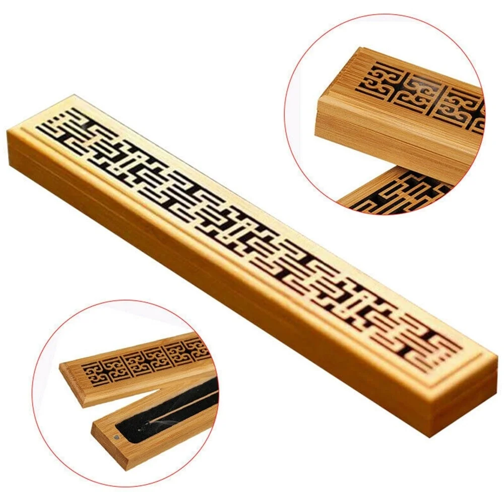 Bamboo Wooden Incense Stick Holder Burning Joss Insence Box Burner Ash Catcher