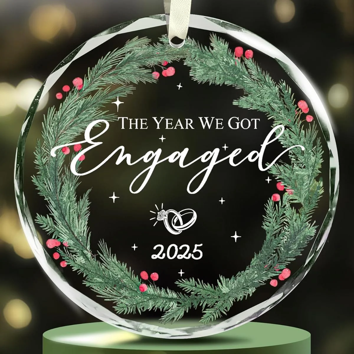 

2025 Couple Engagement Gift - Vintage Glass Ornament with "We're Engaged" Text and Wedding Ring Design - Crimson Green