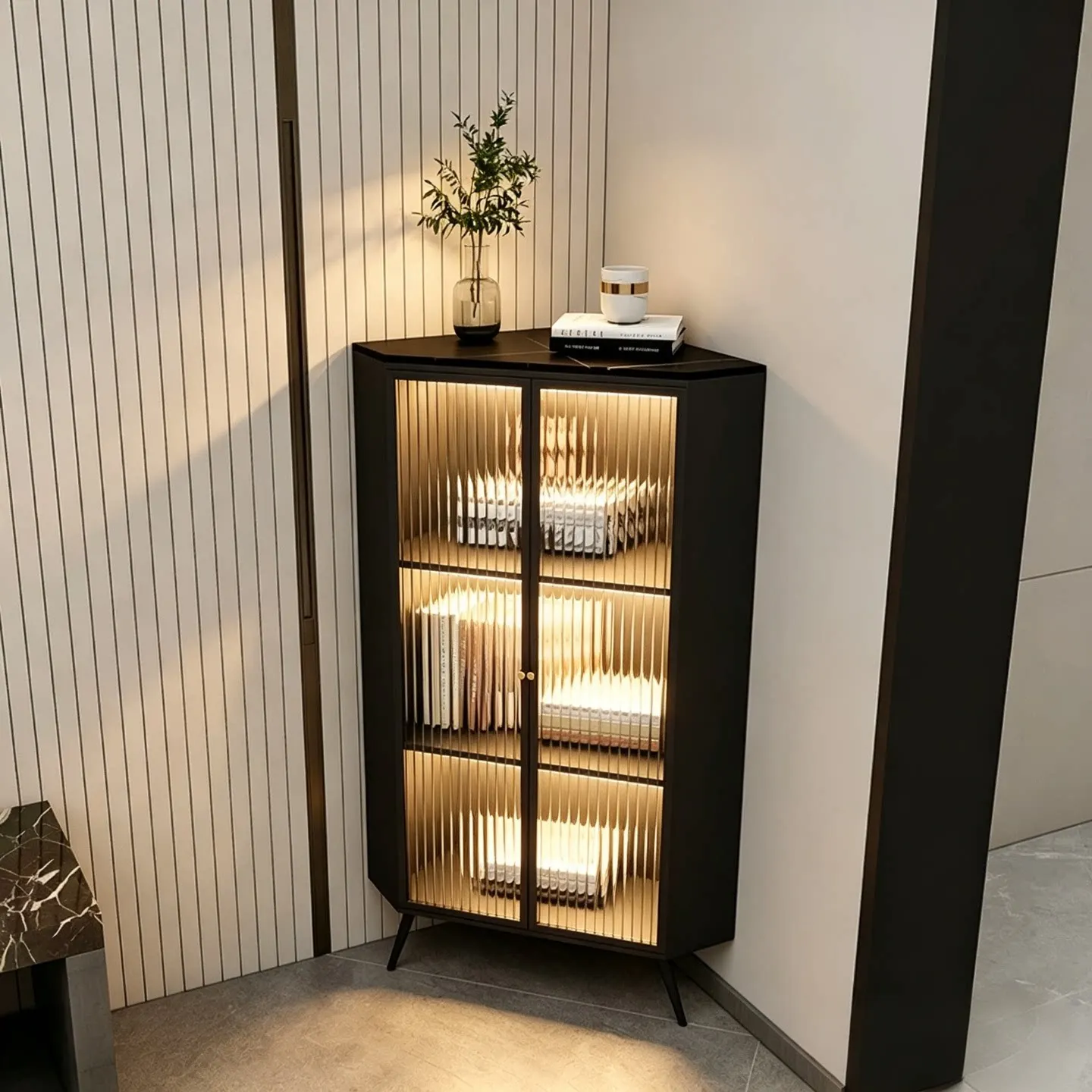 corner triangular cabinet with lamp glass wine dining room storage cabinet side cabinet wrought iron locker