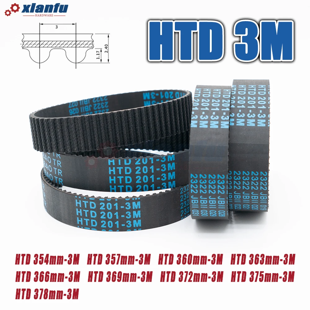 HTD 3M Rubber Timing Belt Perimeter HTD3M 354 357 360 363 366 369 372 375 378mm Drive Synchronous Transmission Width 5~30mm CNC