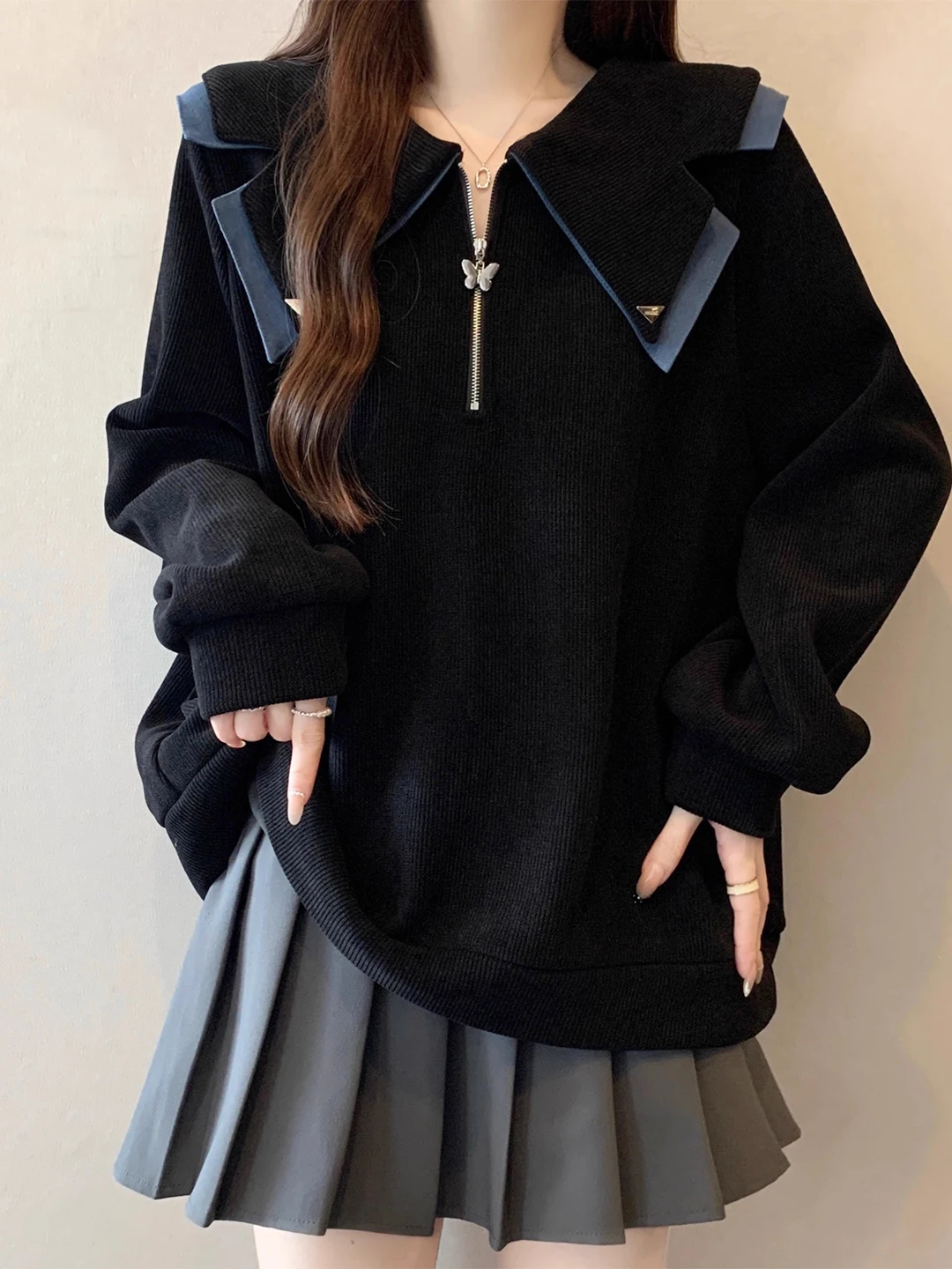 

Loose Long Sve Hoodie Women's Autumn Winter plus Size Beautiful Flip Collar Slimming Comfortable Faionable Korean Sle