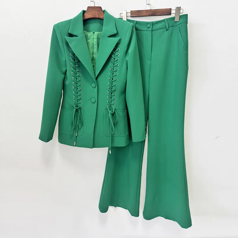 HKSH Women Suit Elegant Fashion Slim Fit Drawstring Bandage Blazer Casual Solid Color Flared Pants Ins Set Spring Autumn HK23866