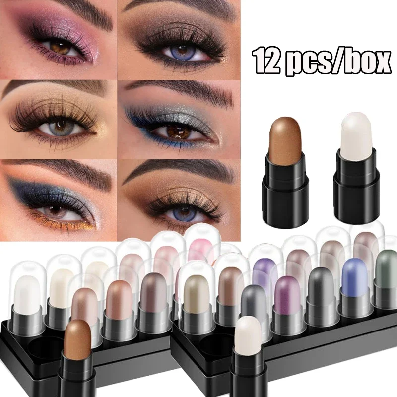 12pcs/set Eyeshadow Stick Glitter Waterproof Lasting Pearlescent Eyeshadow Pencil Highlighter Stick Pen Eyes Makeup Beauty Tools