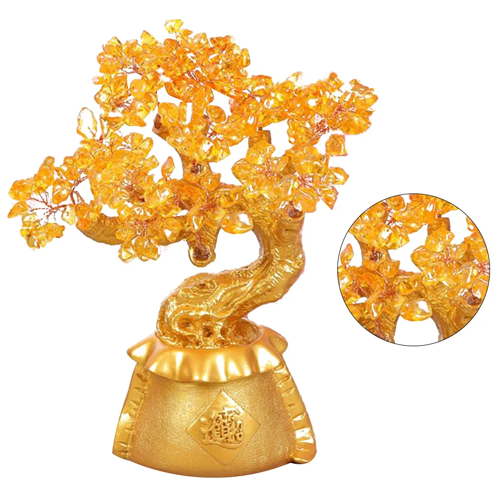 

Yellow Citrine Crystal Money Tree Feng Shui Ornament Creative Bonsai Style Wealth Prosperity Desktop Decoration