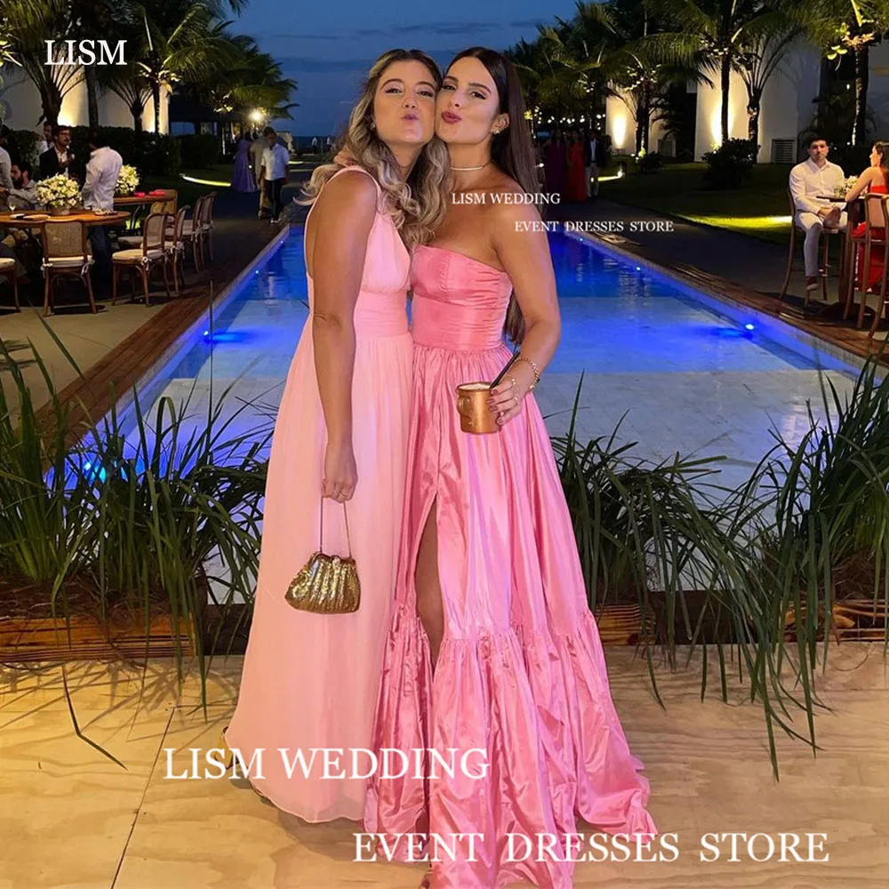 LISM-Sexy Long Pink Evening Party Dresses para mulheres, sem alças, sem mangas, Side Split, Plissado, A-Line, Formal Prom Gowns para mulheres árabes sauditas