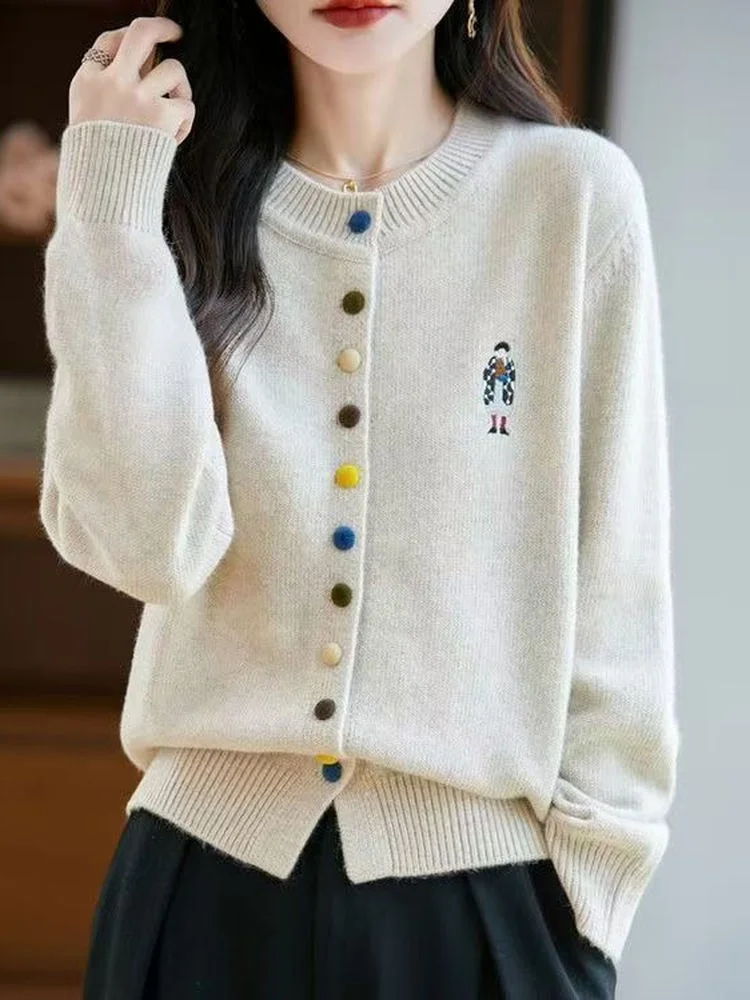 

Women's round Neck Embroidered Knitted Cashmere Open Cardigan Sweater Loose Casual Versatile Fall 2025 Design Sensation