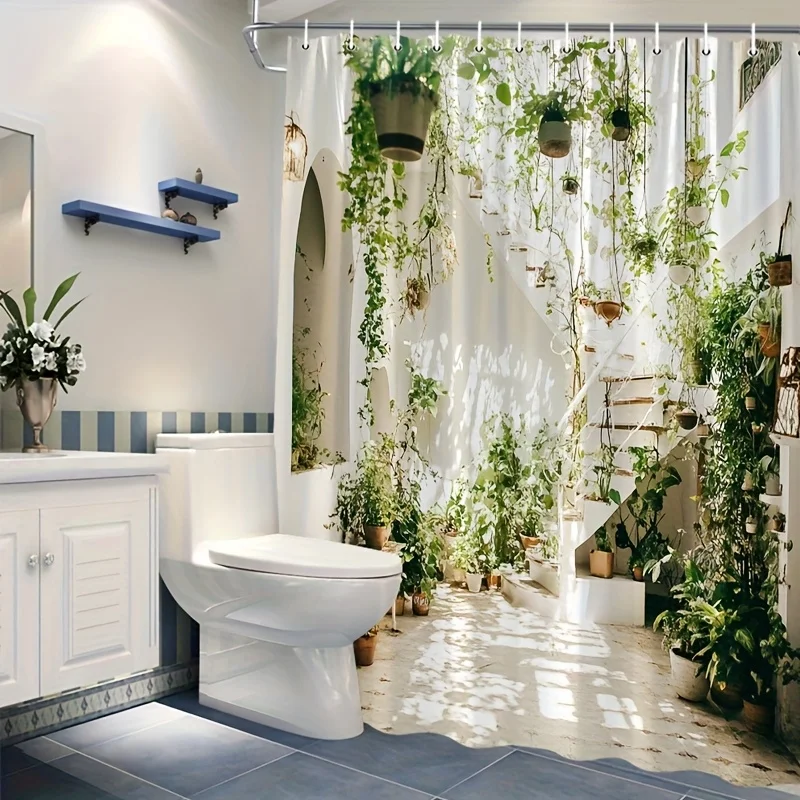 1pc Potted Green Plant Graphic Print, Fresh And Tranquil Bathroom Decoration, Multi-Size Specifications, Including 12 Hooks, Mac
