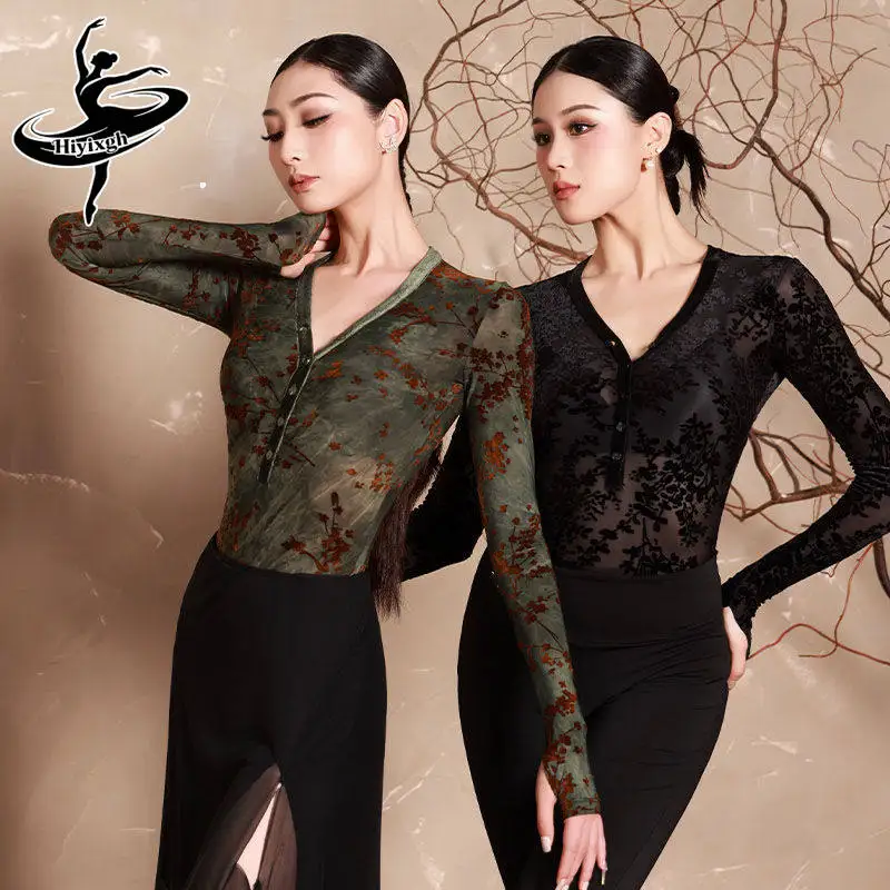 

Latin Dance Clothes Long Sleeves Tops Adult Rumba Samba Cha Cha Performance Wear dance practice One-piece clothing female