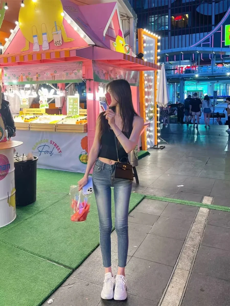 

Джинсы с высокой талией, эластичные, утягивающие, с подкладкой на бедрах, новинка 2024 года, с зауженным низом, длиной до щиколотки, синие, из эластичного хлопкового денима