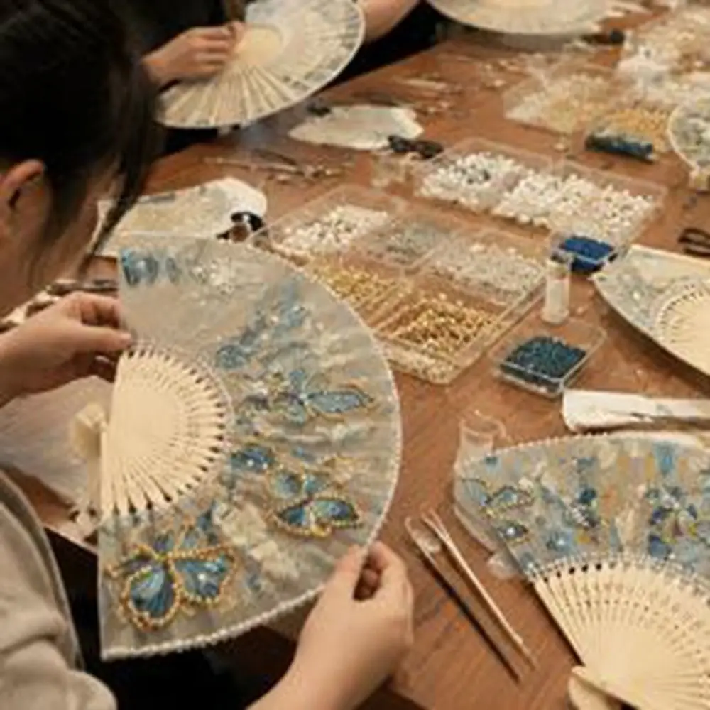Elegant Traditional Pearl Folding Fan Portable Fabric Chinese Style Fan Butterfly DIY Craft Kit Handmade Fan Festival Present