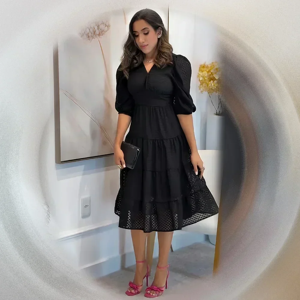 فساتين للنساء ريترو ربيع وصيف المرأة الجديدة الخامس الرقبة فقاعة الأكمام عالية الخصر تصميم الدانتيل خياطة التطريز ألف كلمة اللباس