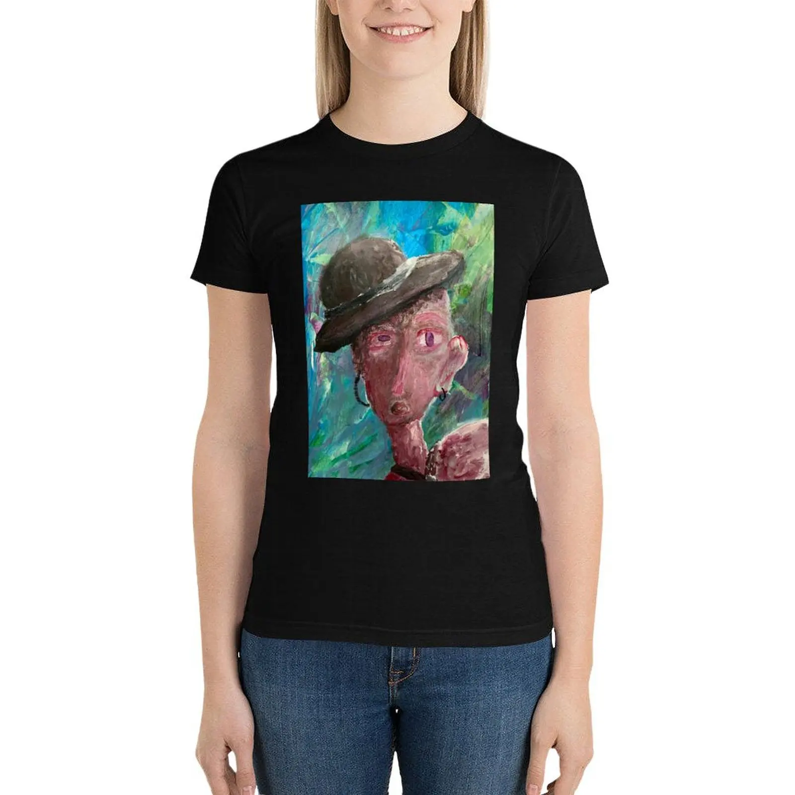 

Person In A Hat- Painting T-Shirt tops graphics aesthetic clothes summer clothes workout shirts for Women