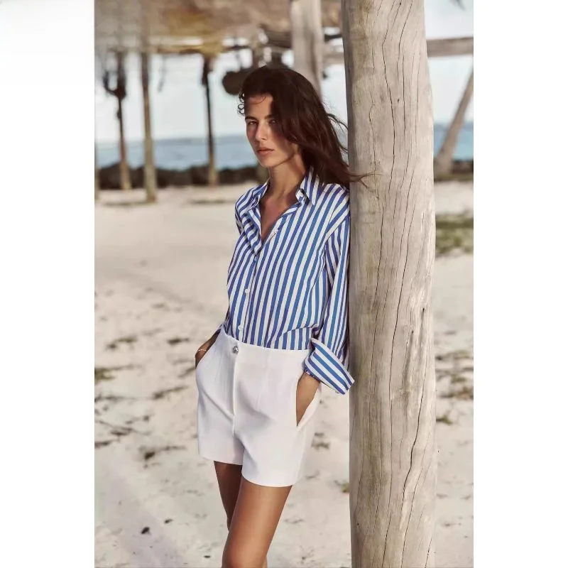 Frühling 2024, Damen-Faion, lässig, locker, gestreift, Seide, Irt, Neuankömmling, vielseitig, lang, Sve, quadratischer Kragen, klassische Passform