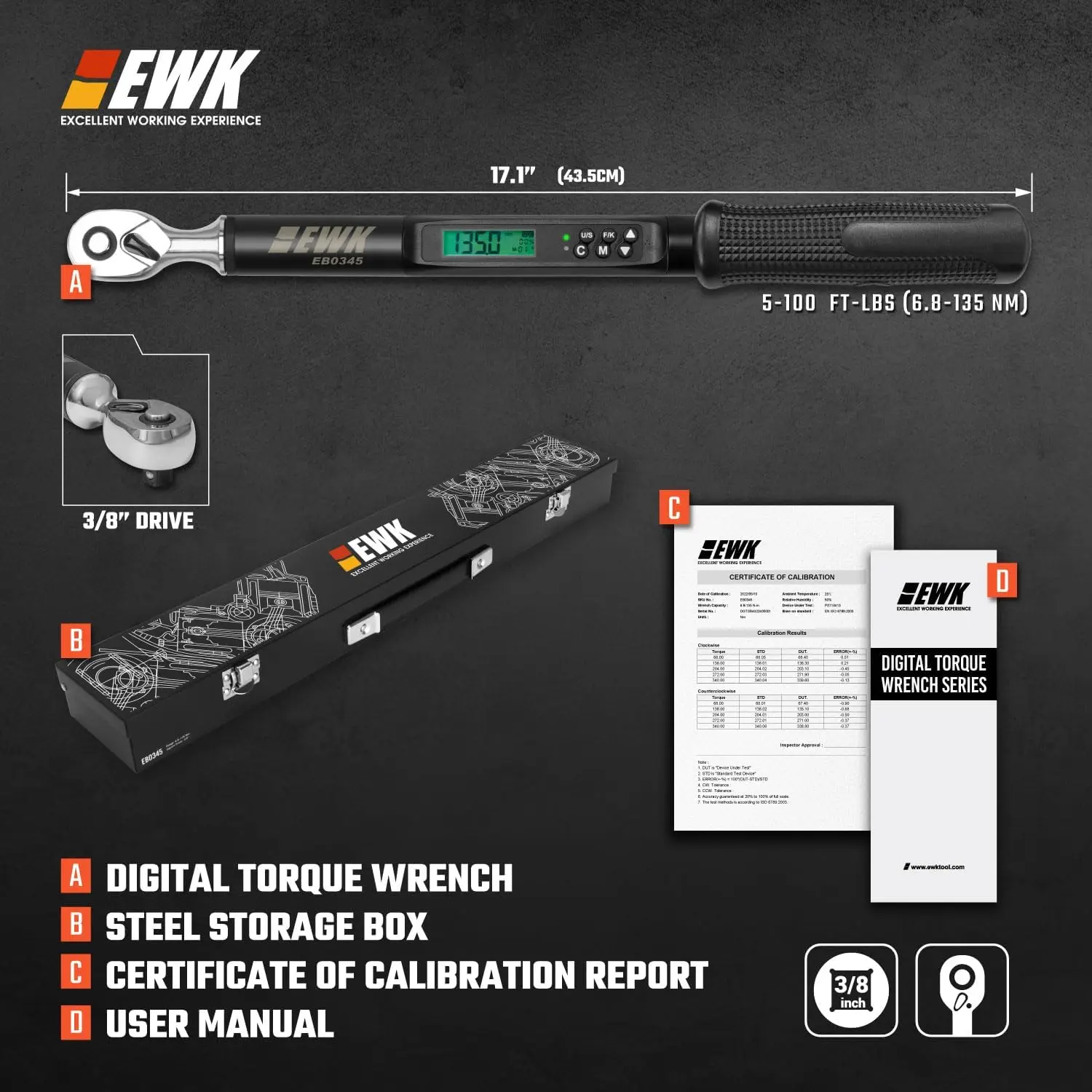 3/8 Inch Drive Digital Torque Wrench 5-100 ft-lbs (6.8-135 Nm)