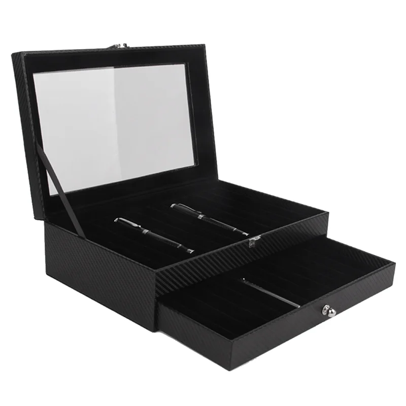 

24 Slots Wooden Pen Display Storage Box Luxury 2 Layer PU Pen Case Fountain Pen-Collector Jewelry Organizer Carbon