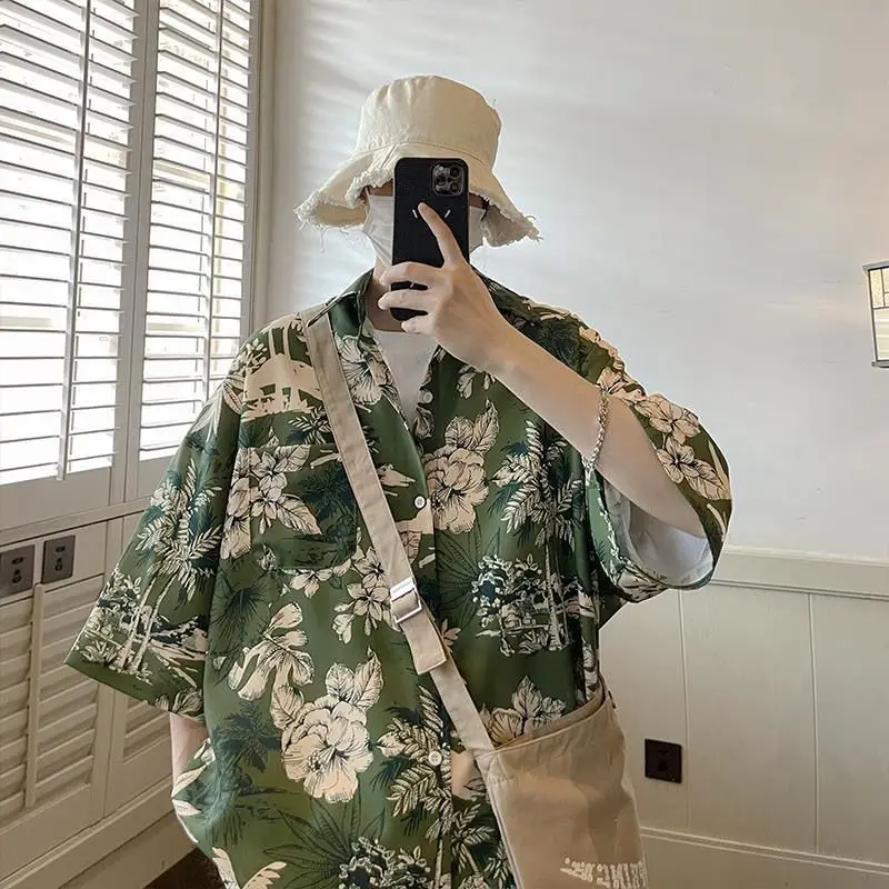 

Men's Summer Short Sleeve Shirt Vintage American Style Printed Button Down Casual Loose Fit Streetwear Top