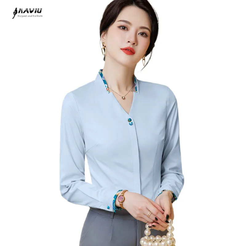 NAVIU Womens Long Sleeve V Neck Formal Shirt Professional Interview Blouses Temperament Uniform Office Lady Work Tops New