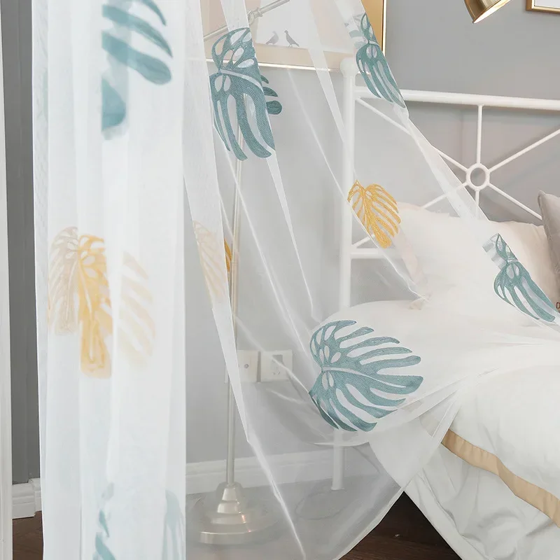 Simple White Tulle Sheer Yarm Gauze Curtains for Living Room Bedroom Transmission Custom Leaves Luxury Window Elegant Customize