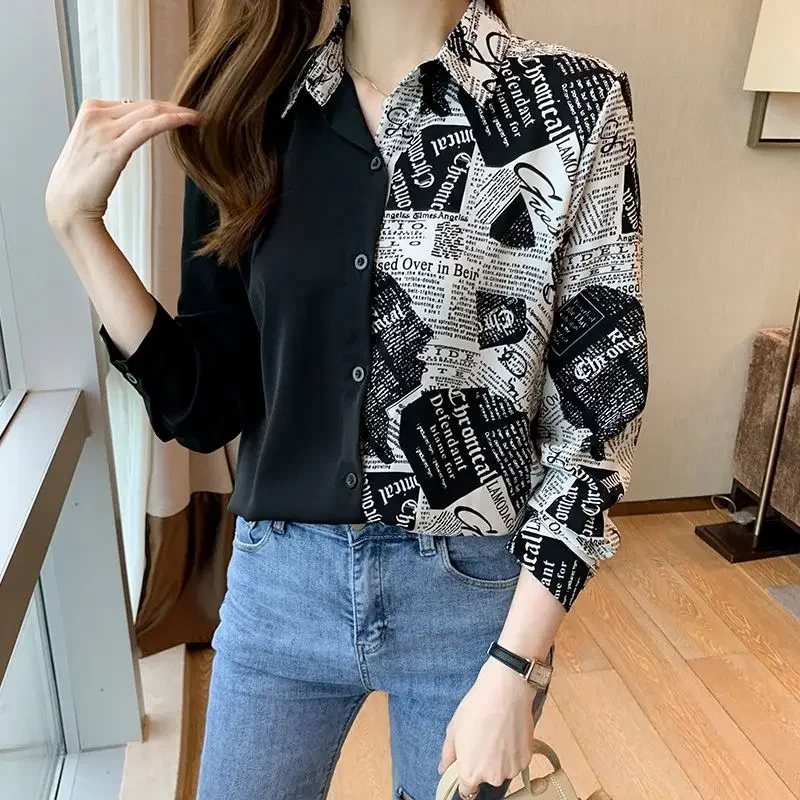 Women Spring Simplicity Temperament Patchwork Turn-down Collar Long Sleeve Shirts Women Clothes Casual All-match Letter Tops