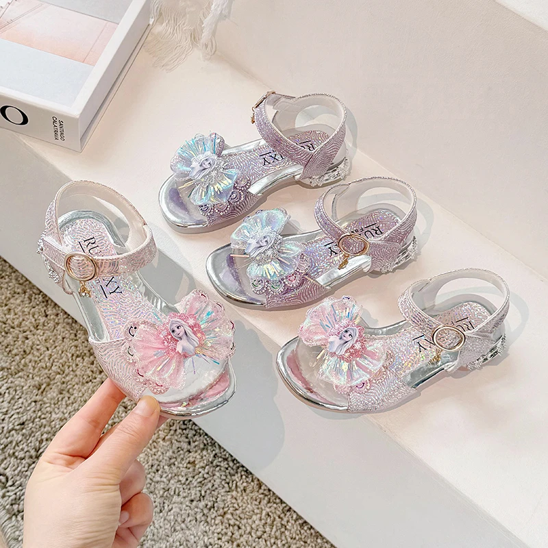 

Сандалии принцессы для девочек, новинка 2023 года, летние детские нескользящие туфли Эльзы с мягкой подошвой и бантом для девочек