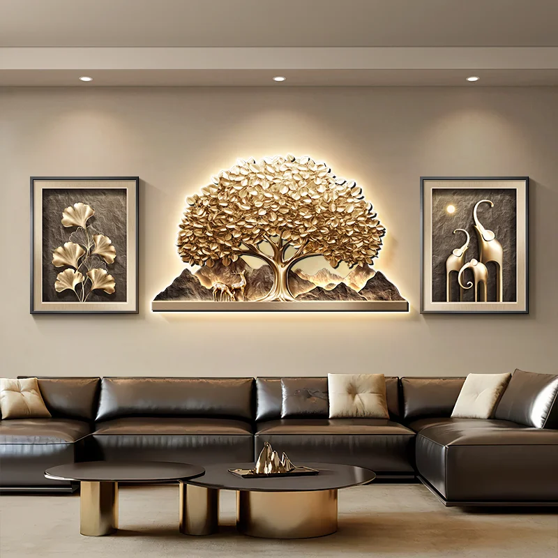 The grand and elegant money tree living room wall lamp, modern and light luxury sofa background wall, and the elephant three-in-