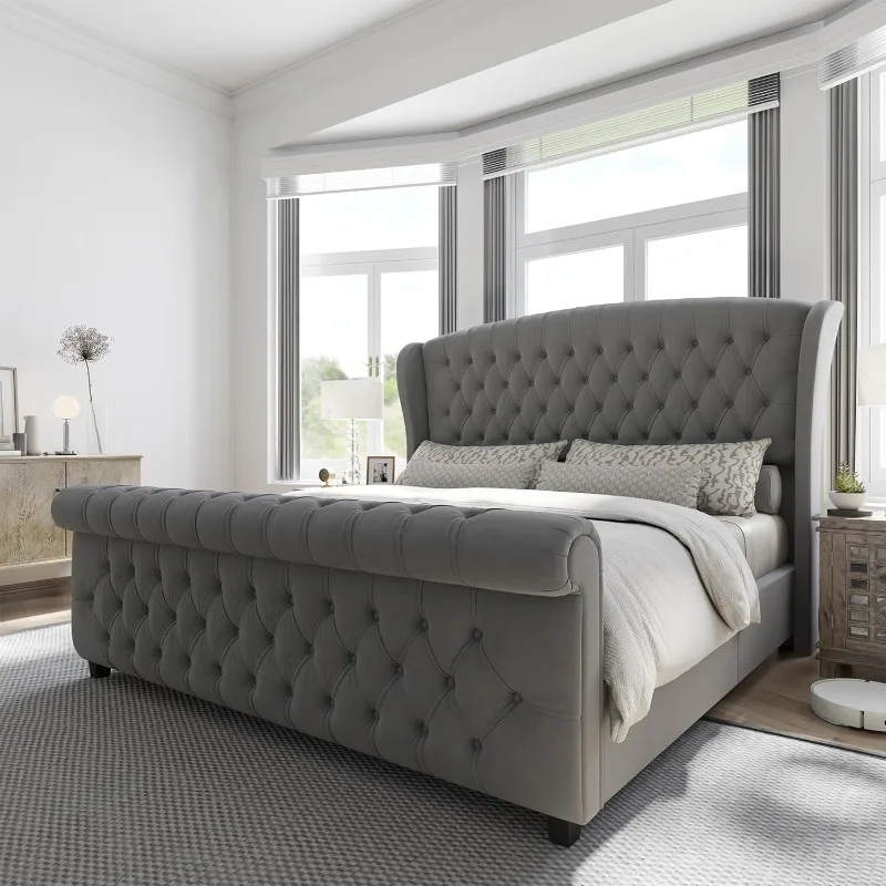 King Size Platform Bed Frame Velvet Upholstered Sleigh Bed with Scroll Wingback Headboard Footboard No Box Spring Required Grey