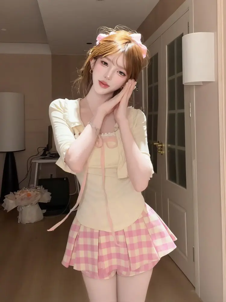 Sweet Cute 3 Piece Set Women Bow Ruffle Camisole Top Cropped Cardigan High Waist Pleated Plaid Mini Skirt Slim Fit Daily Outfit - view 3