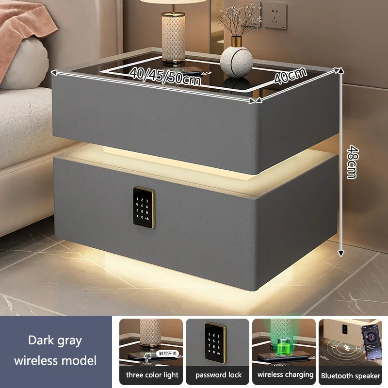 Led Light Wireless Charging Bedside Table With Light Bedroom Full Solid Wood Password Lock Bedside Storage Cabinet