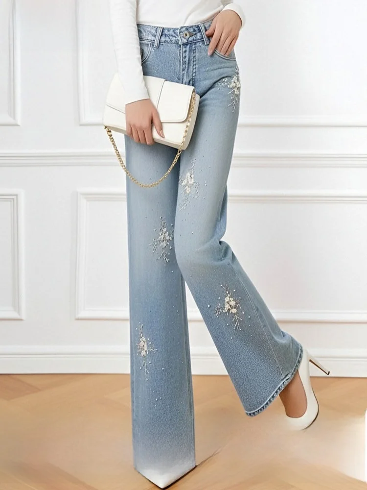 

High Waist Embroidered Rhinestone Denim Jeans Women Summer Loose Wide Leg Pants Cotton Blend Stretch Straight Cut