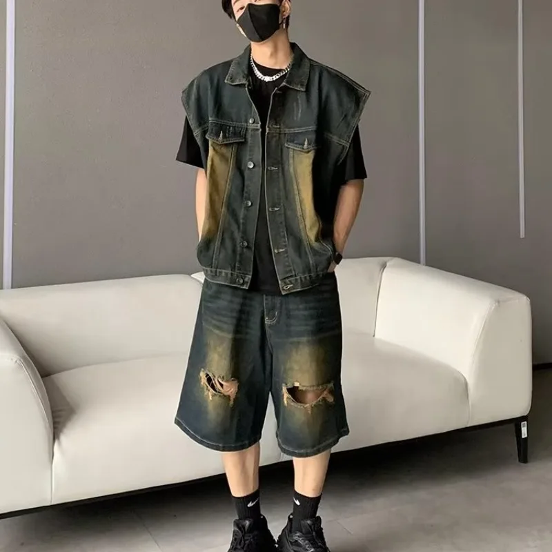 

Summer Large Size 250 Pou American Waed Denim Vest orts Set Men's Loose Svel Two-Piece Set Casual Sportswear