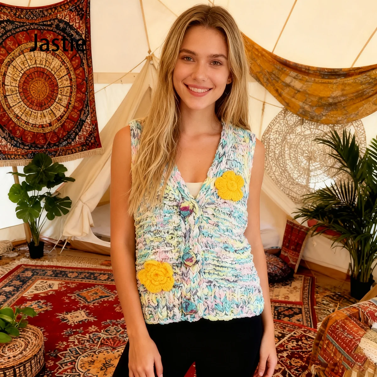 

Colorful Chunky Knitted Vest Ethnic Style Colorblock Hollow Flower Decoration V-neck Button Sleeveless Women Sweater Cardigan