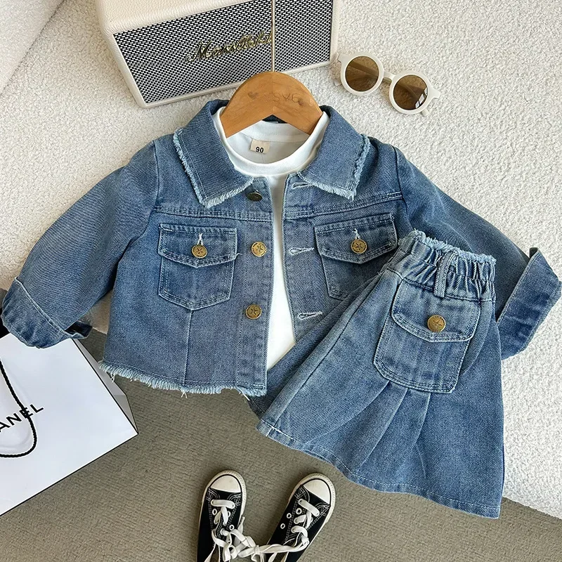 

Fashion Two-piece Set Girls Clothes Girls' Suit Spring Autumn Girls' Blue Retro Lapel Long Sleeve Denim Coat + Pleated Skirt