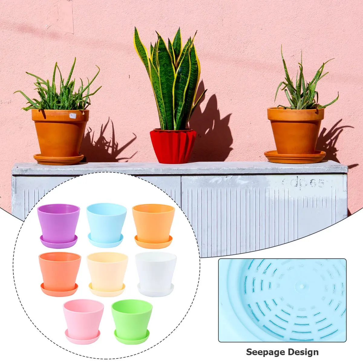 

8Pcs Resin Plastic Flower Pots Modern Design for Garden Balcony Home Office Decor Functional Planter with Water Catch Tray