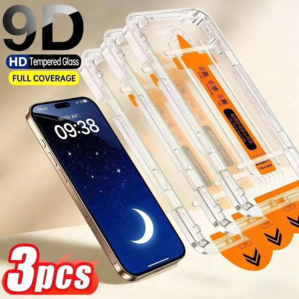 3Pcs Full Cover Screen Protector for iPhone 17 16 15 14 13 Pro Max Air 17e 16 15 14 Plus 12 11 Pro One Click Installation Glass