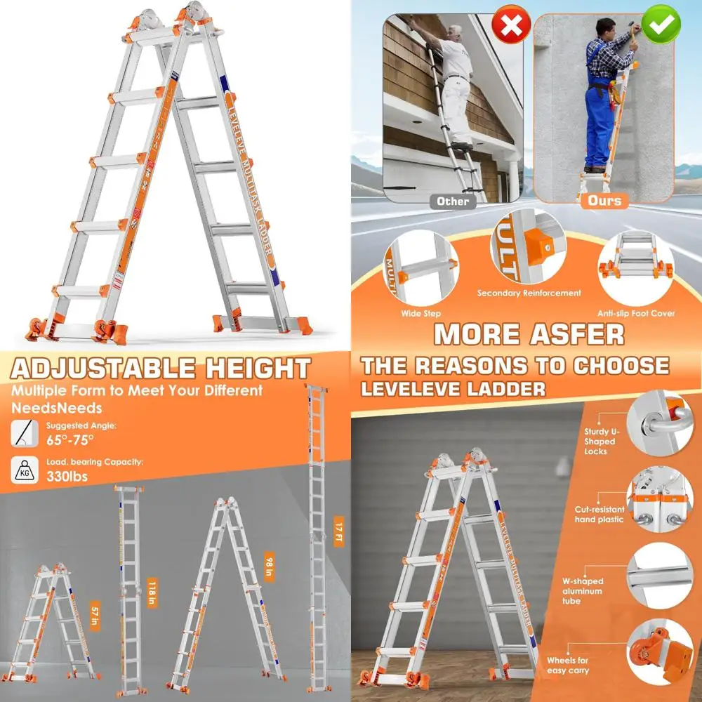 سلم تصغير على شكل حرف A متعدد المواضع بطول 17 قدم مع قضيب تثبيت وعجلات وسعة تحميل 330 رطل للمنزل والتجاري #1