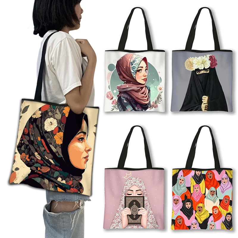 Muslim Women Print Shoulder Bag Islamic Hijabs Girls Handbags Eco Reusable Totes Bag Casual Large Capacity Shopper Bags Gift