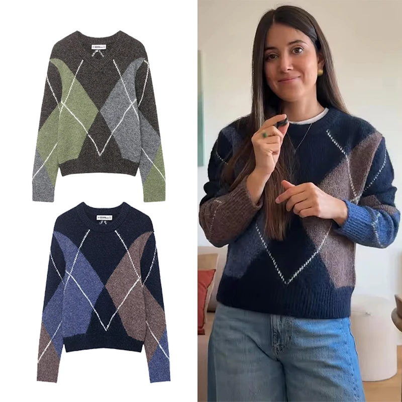 

Повседневный шикарный женский свитер в винтажном стиле с узором «аргайл», с круглым вырезом, пуловер с длинным рукавом, вязаный свитер, мода 2026, весна-зима