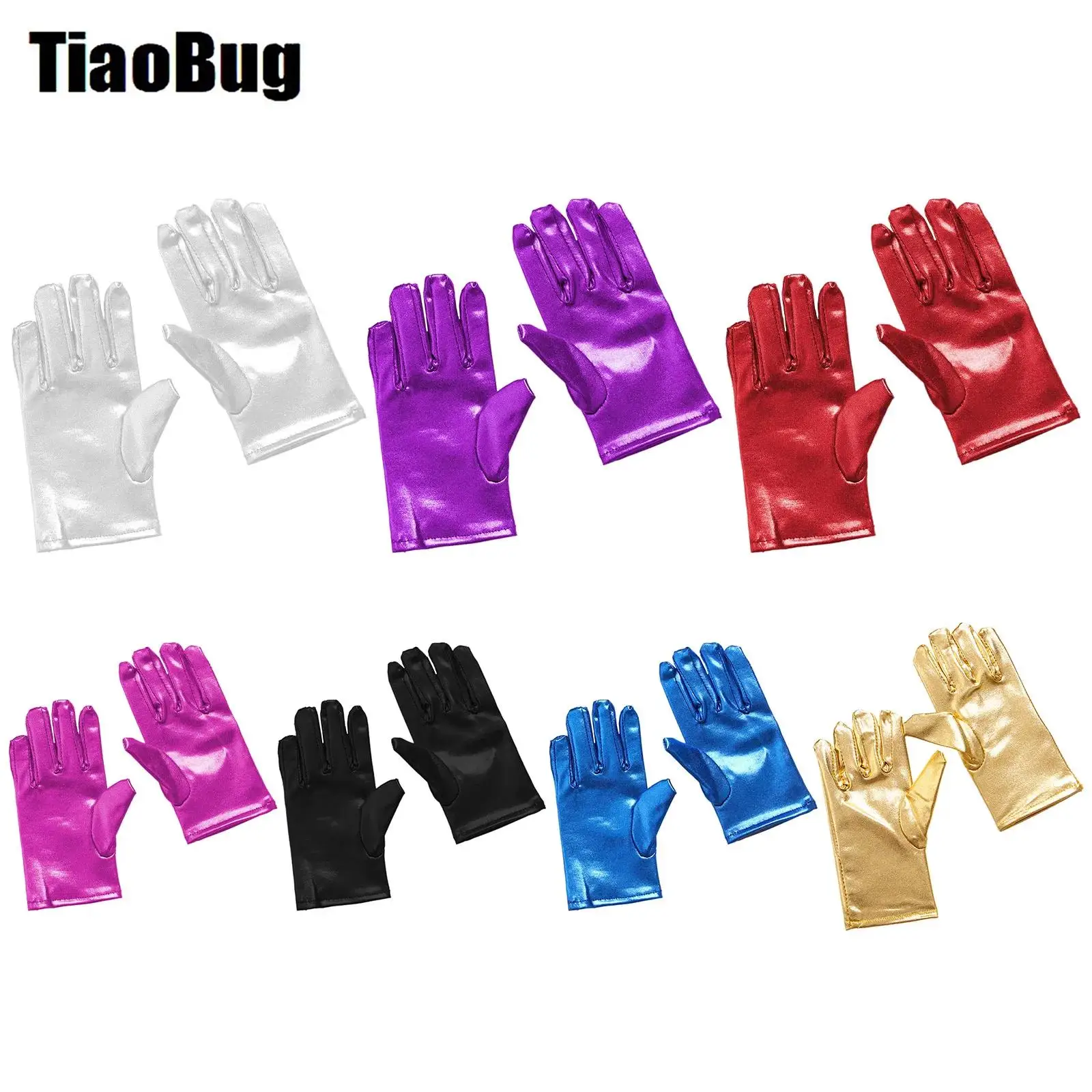 Kids Girls Metallic Gloves Shiny Short Gloves 1 Pair Dance Performances Halloween Cosplay Costume Accessories