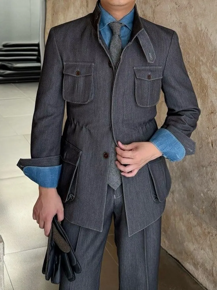 Fashion Business Men Work Two Piece Set Slim Fit Multi Pockets Jacket Pants Outfits Vintage Italian Designer Banquet Suit Sets