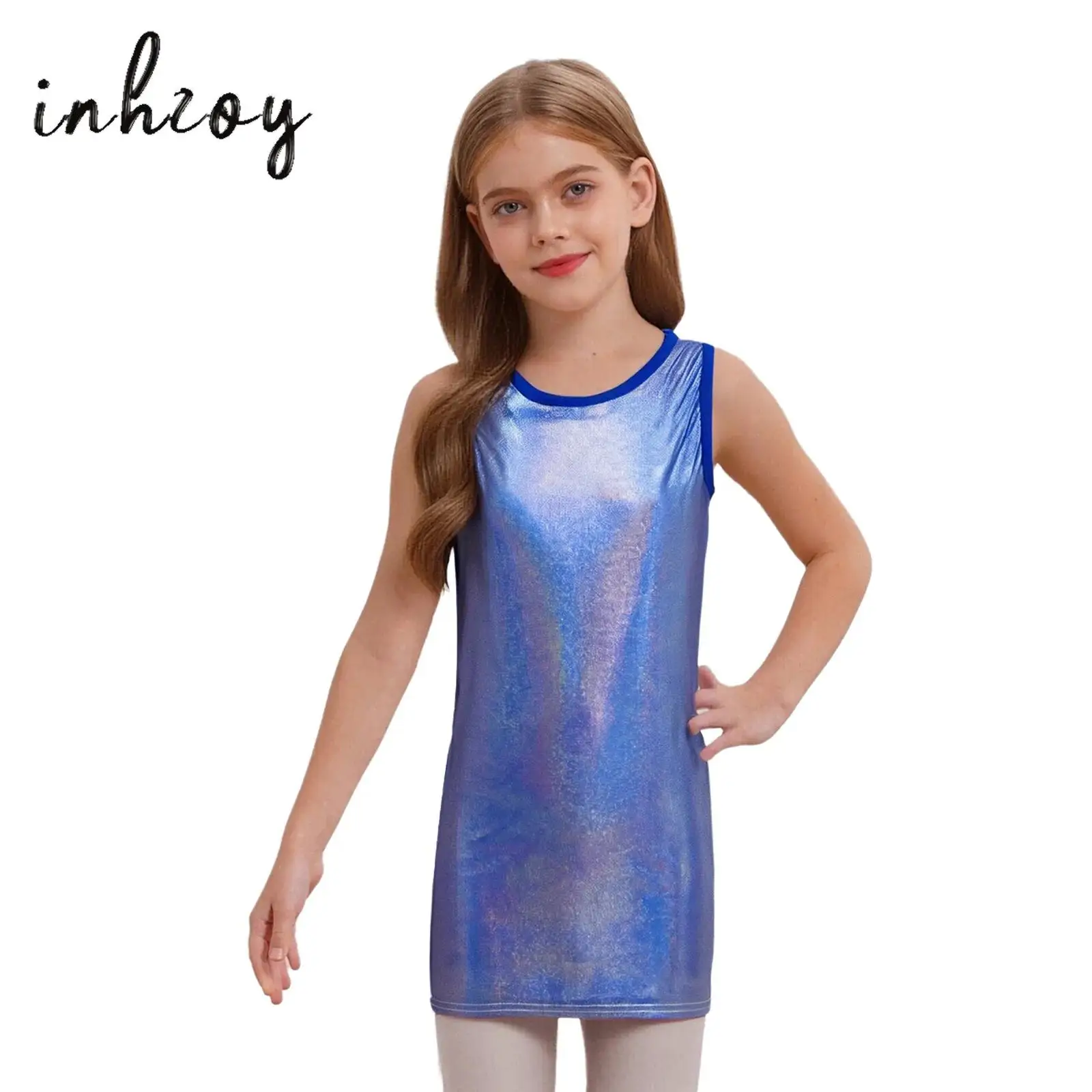 

Kids Girls Jazz Dance Dress Metallic Mini Dots Round Neck Sleeveless Tank Dress Cheerleading Uniform Dress Performance Costume