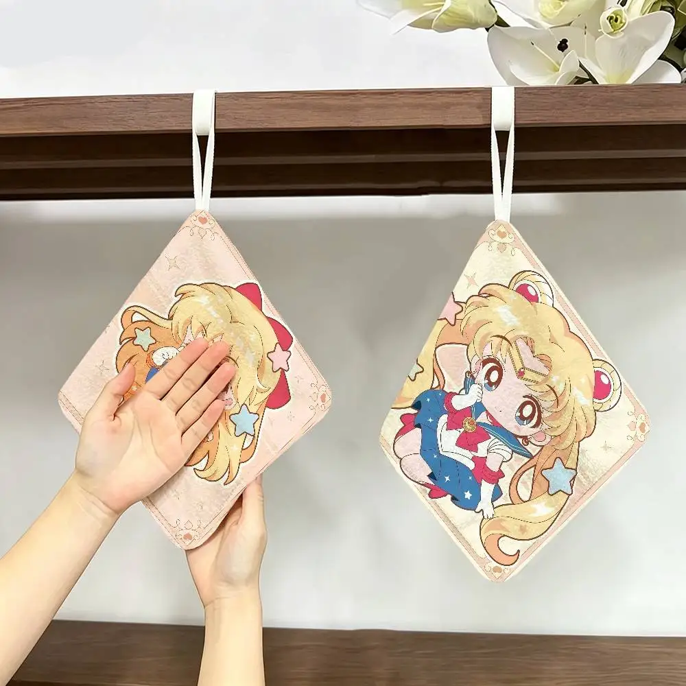 S-Sailores Cute Girl Moon Cartoon Polyester Cotton Hand Wiping Towel with Hanging Loop, Lightweight for Home and Commercial Use