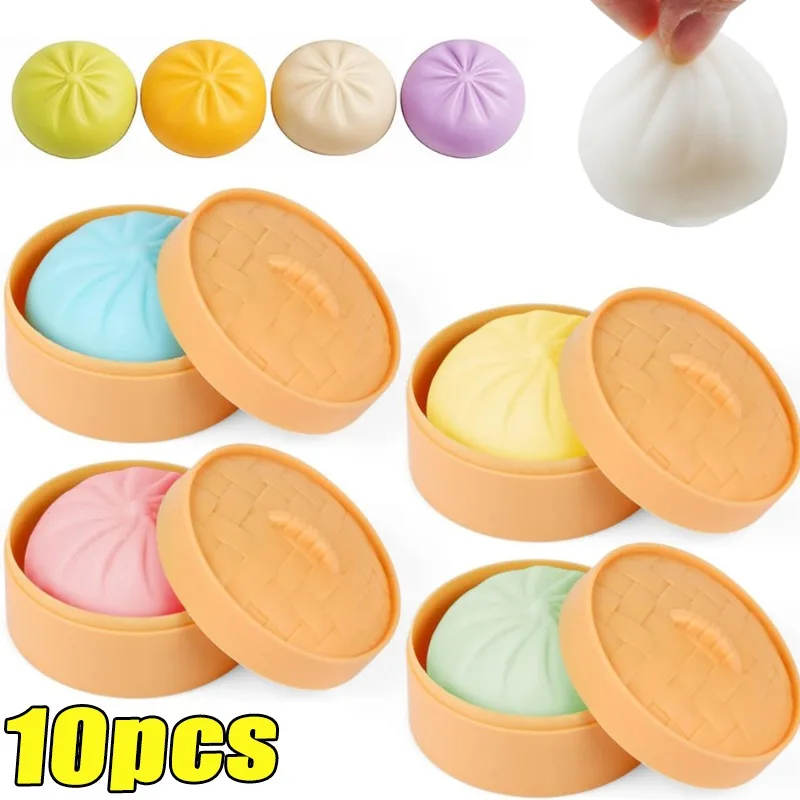 Colorful Dumpling Squishes Stress Balls Fidget Sensory Toys Simulation Food Squishies Bun with Steamer Squeeze Dough Ball Gifts