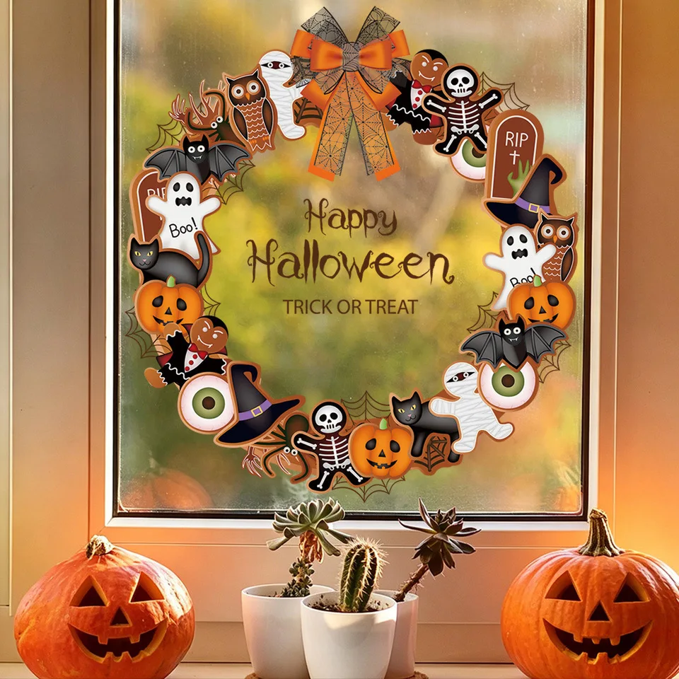 Halloween Creative Wreath Window Decals for Festive Atmosphere Scenario Layout Mall Display Window Glass Door Decorations
