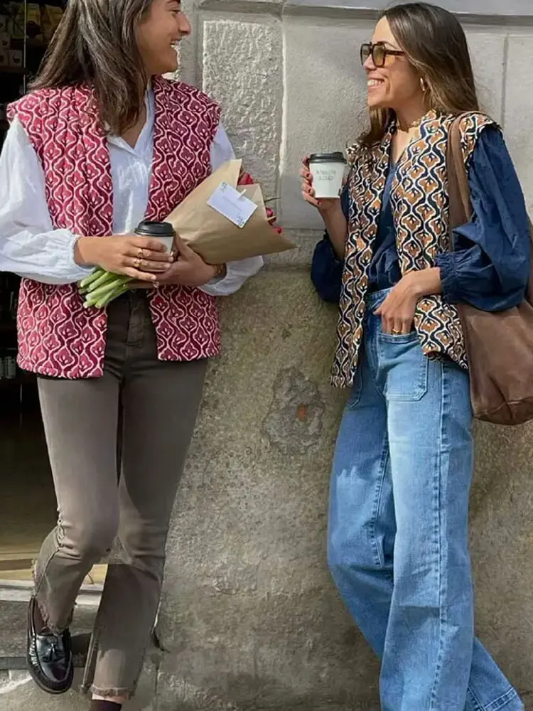 

Woman Print Vest Tops Quilted Sleeveless Loose Open Stitch Waistcoat Cardigan Warm Casual Women's New In Outerwear